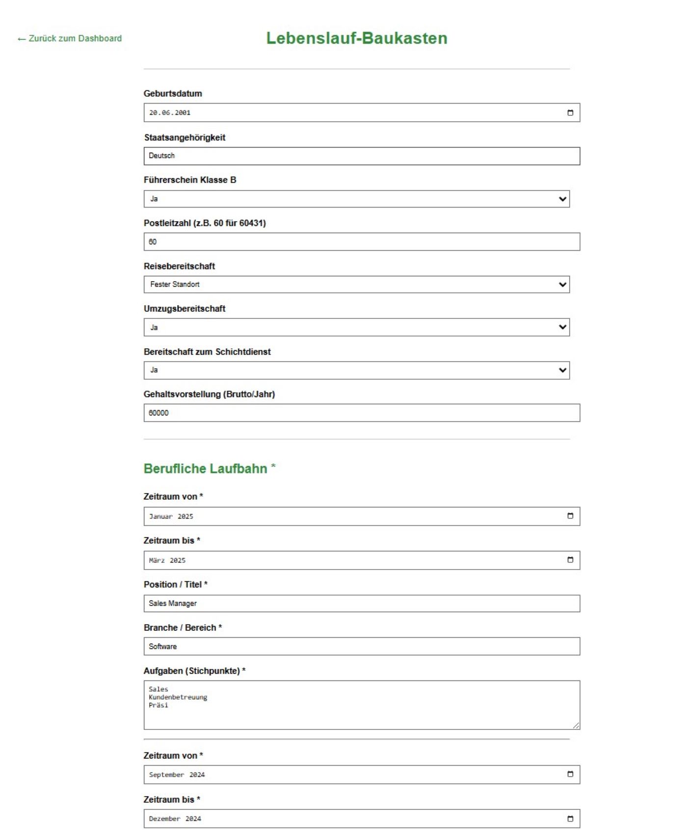 Lebenslauf-Baukasten – Profil anlegen